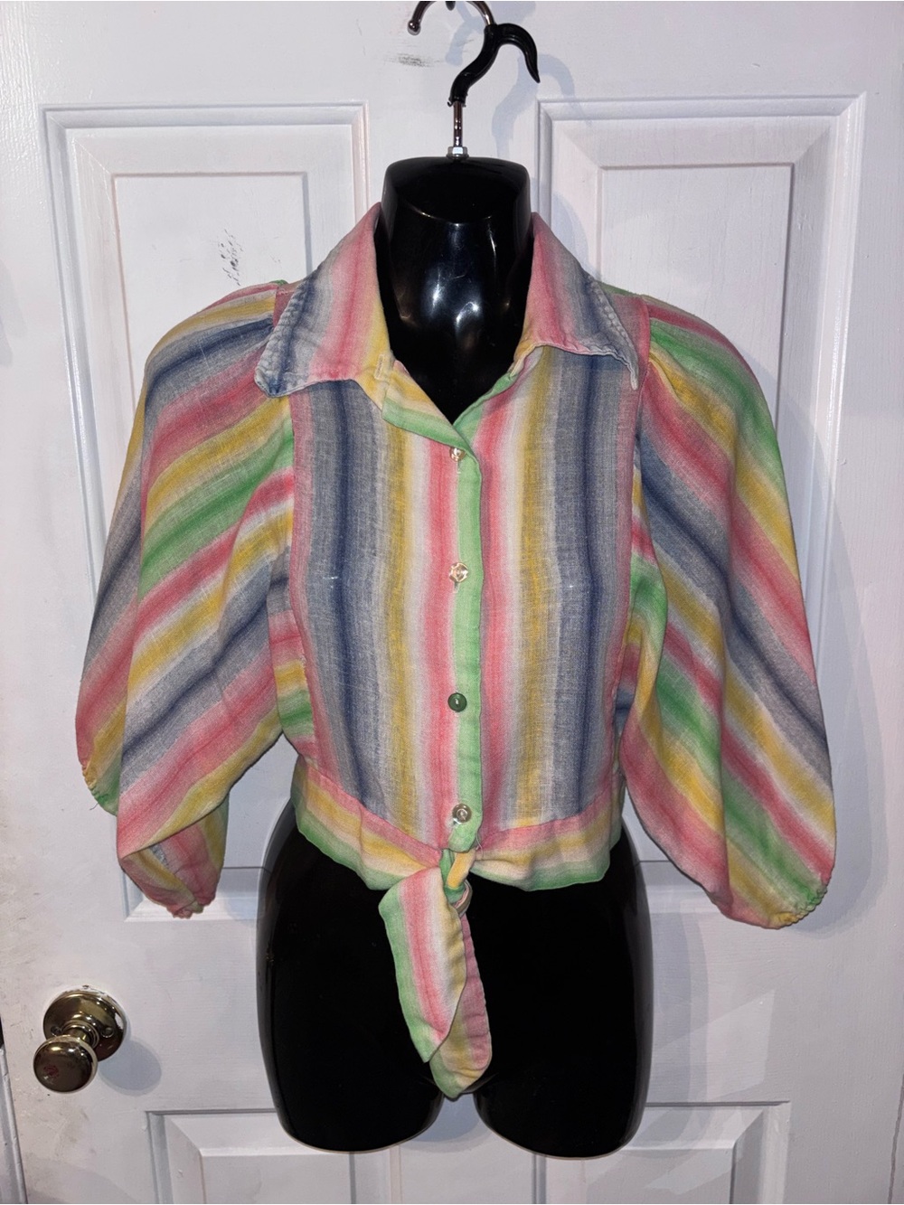 Vintage Striped Tie-Front Crop Blouse in Pastel Multi